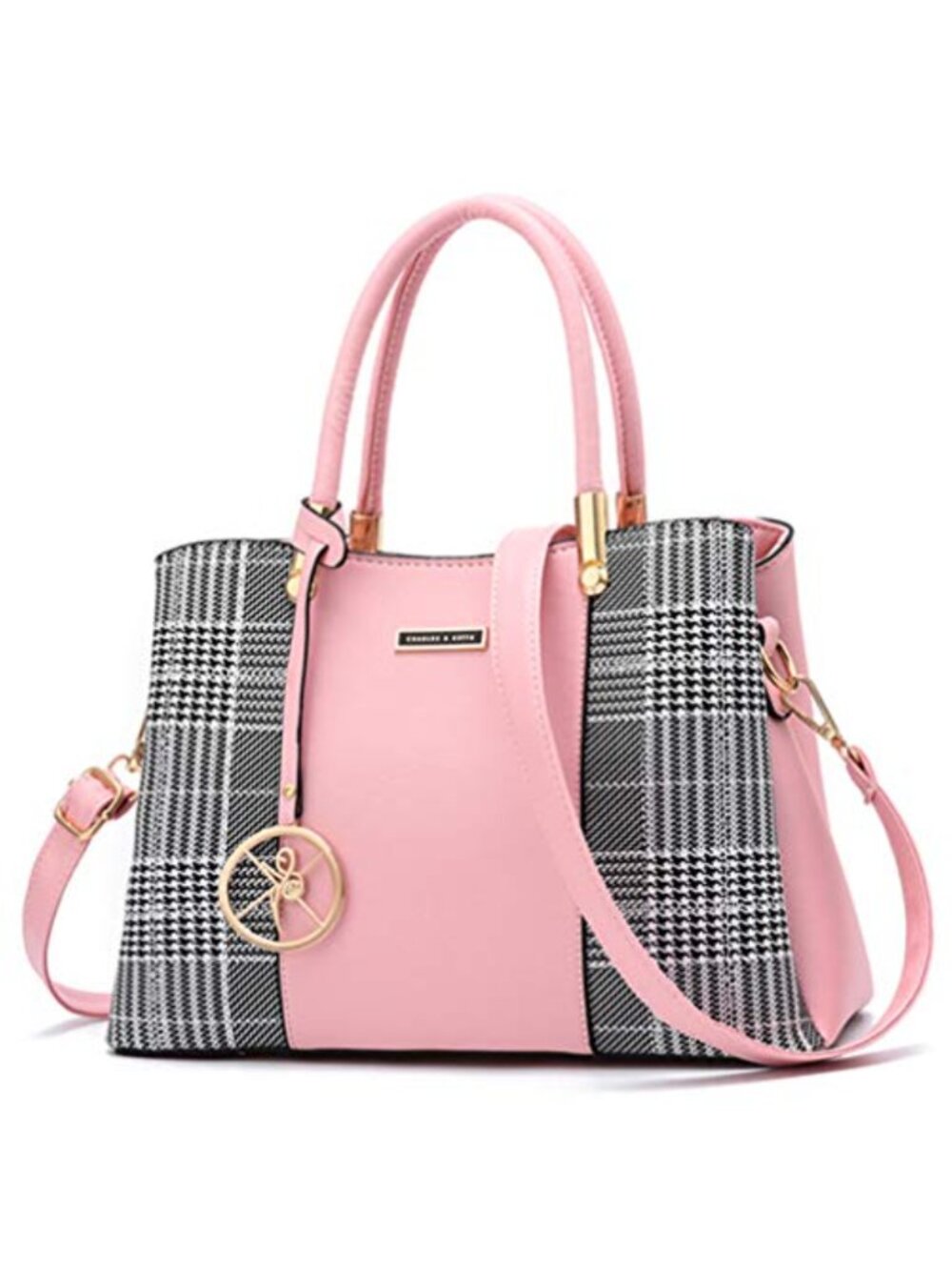 Faux Leather Top Handle Satchel Bag with Crossbody Strap